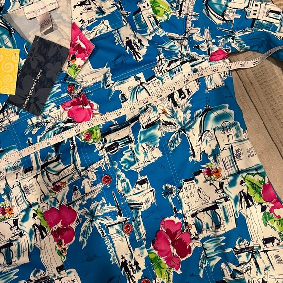 Susan Graver Women Blue Pink Tropical City Scape Collar Blouse Jacket 8 BE - Picture 8 of 9